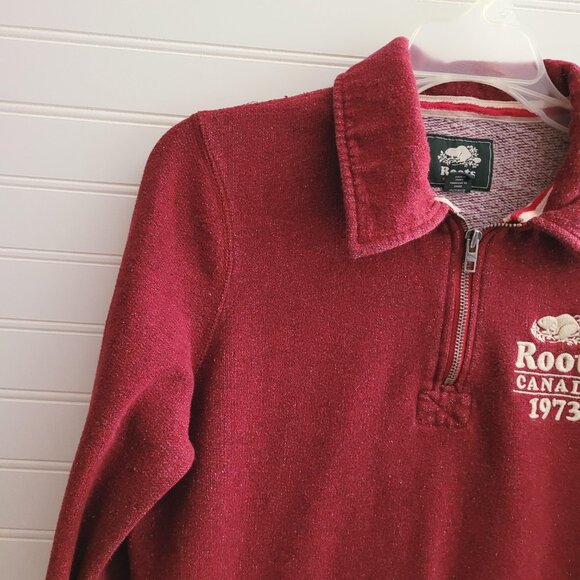 Roots Womens Quarter Zip Sweatshirt Medium Red Speckled Embroidered Logo Cuffs - Picture 2 of 12